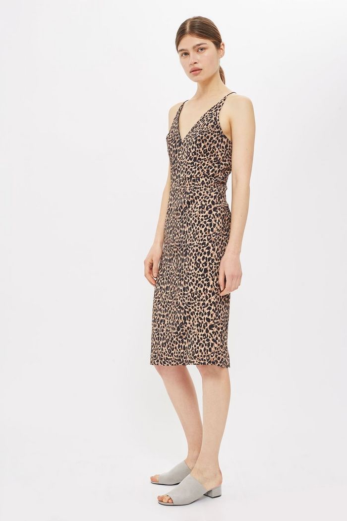 Topshop Animal Print Plunge V Neck Bodycon Midi Dres