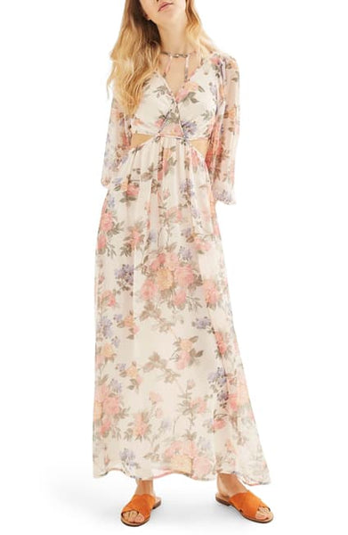 Topshop Peach Floral Print Textured Sheer Chiffon Maxi Dress
