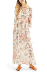 Topshop Peach Floral Print Textured Sheer Chiffon Maxi Dress