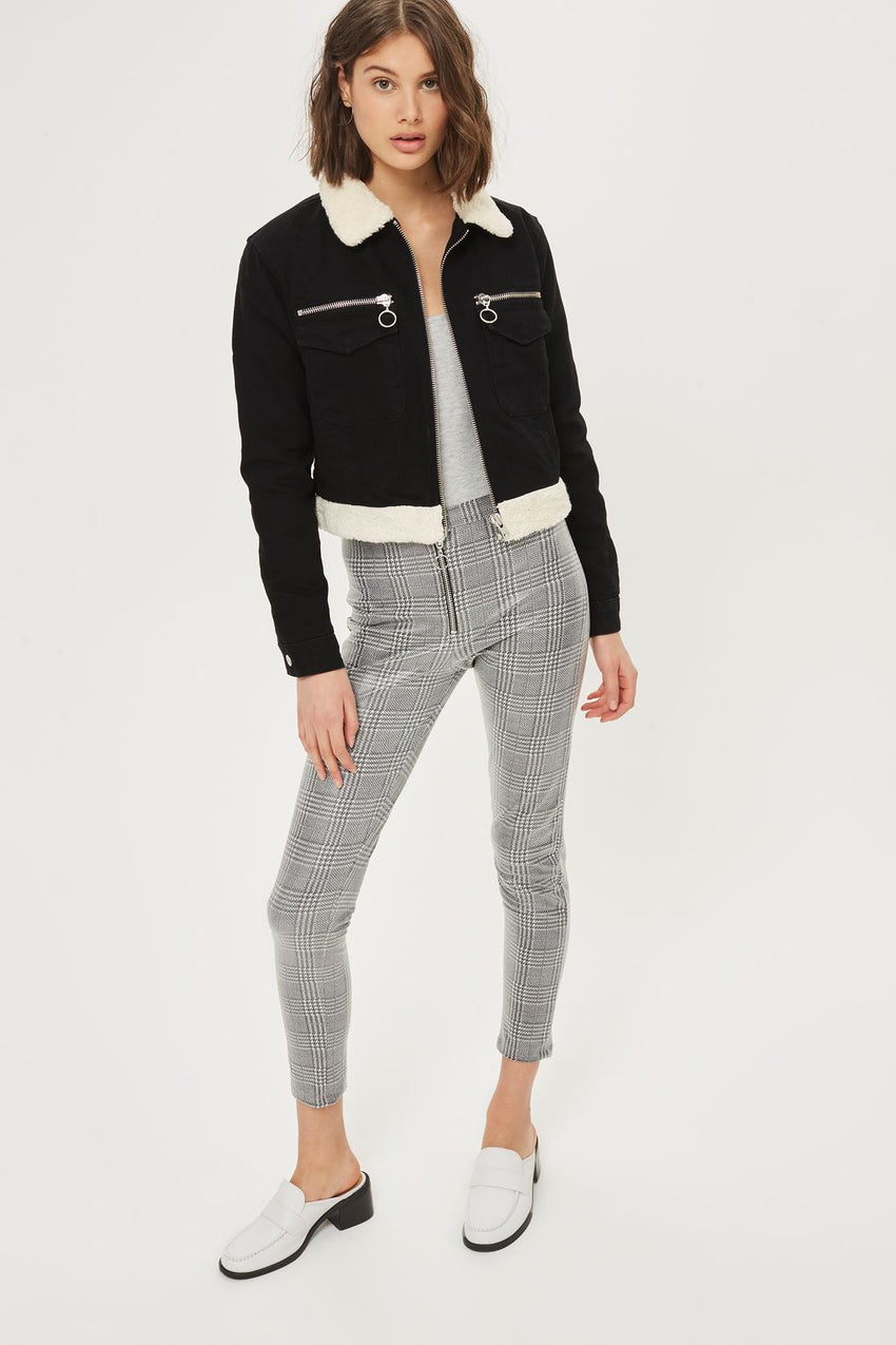 Topshop Prince Of Wales Coated Houndstooth Zip Treggings