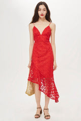Topshop Red Lace Embroidery Asymmetrical Cocktail Dress