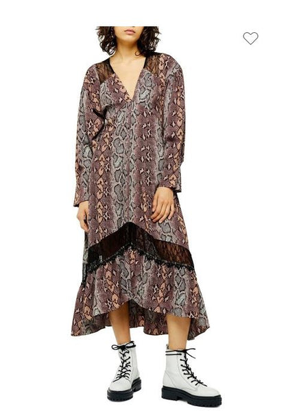 Topshop Snake Print Lace Trim Midi A Line Dress