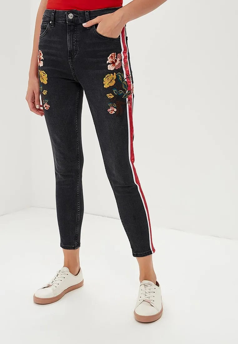 Topshop Moto Red Stripe Floral Embroidery High Rise Skinny Jeans