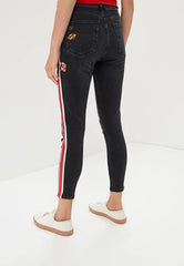 Topshop Moto Red Stripe Floral Embroidery High Rise Skinny Jeans