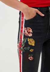 Topshop Moto Red Stripe Floral Embroidery High Rise Skinny Jeans