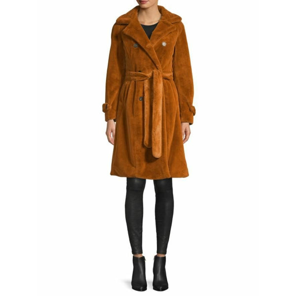 Apparis Nicole Double-Breasted Faux-Fur Belted Coat in Chestnut Brown