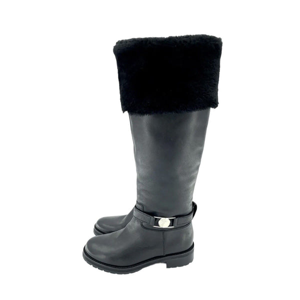 Versace Collection Black Leather Fur Shearling Tall Boots