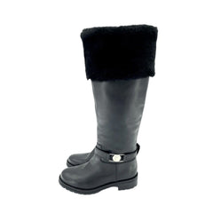 Versace Collection Black Leather Fur Shearling Tall Boots