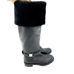 Versace Collection Black Leather Fur Shearling Tall Boots