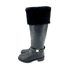 Versace Collection Black Leather Fur Shearling Tall Boots