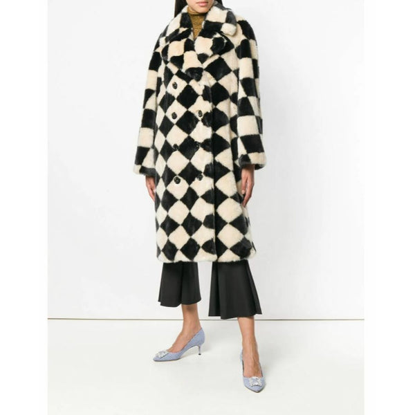 Marco De Vicenzo Diamond Black Cream Check Faux Fur Coat