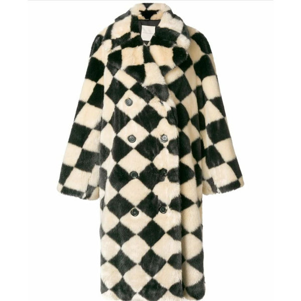 Marco De Vicenzo Diamond Black Cream Check Faux Fur Coat