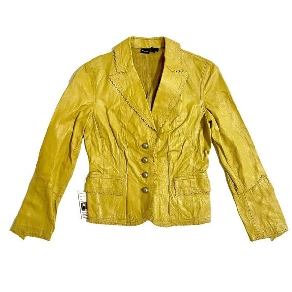 Cami Leather Jacket Scallop Trim Mustard Yellow Crop Blazer - PRE-OWNED
