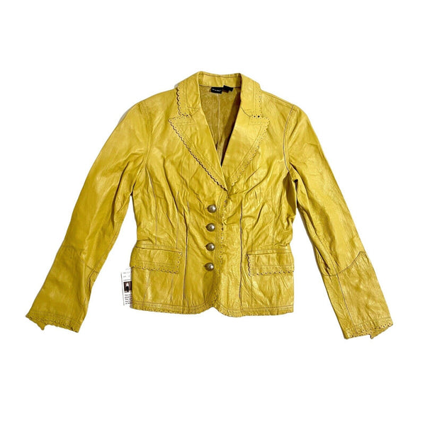 Cami Leather Jacket Scallop Trim Mustard Yellow Crop Blazer - PRE-OWNED