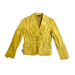 Cami Leather Jacket Scallop Trim Mustard Yellow Crop Blazer - PRE-OWNED