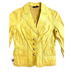 Cami Leather Jacket Scallop Trim Mustard Yellow Crop Blazer - PRE-OWNED