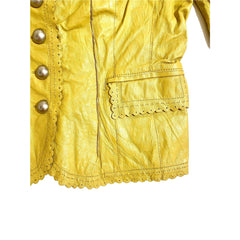 Cami Leather Jacket Scallop Trim Mustard Yellow Crop Blazer - PRE-OWNED