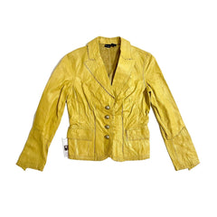 Cami Leather Jacket Scallop Trim Mustard Yellow Crop Blazer - PRE-OWNED