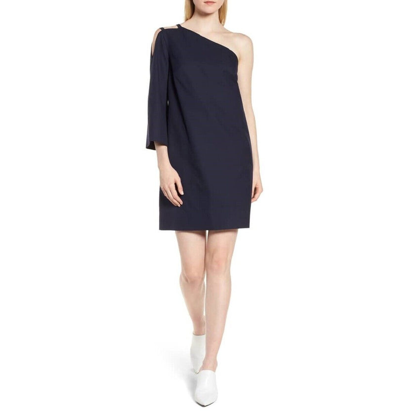 Lewit One Shoulder Tunic Navy Blue Cotton Twill Mini Dress