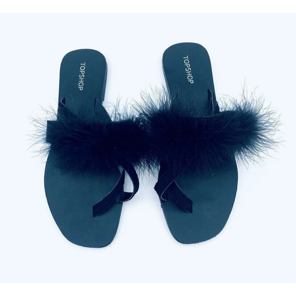 Topshop Holly Fluff Feather Trim Black Suede Leather Sandals