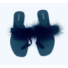 Topshop Holly Fluff Feather Trim Black Suede Leather Sandals