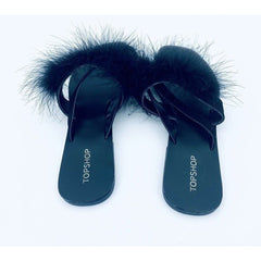 Topshop Holly Fluff Feather Trim Black Suede Leather Sandals