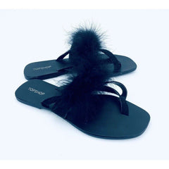 Topshop Holly Fluff Feather Trim Black Suede Leather Sandals
