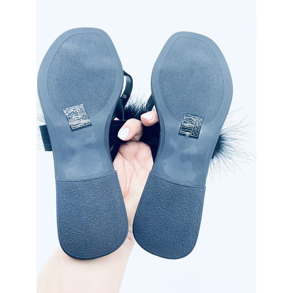 Topshop Holly Fluff Feather Trim Black Suede Leather Sandals