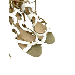 Raye White Snake Embossed Leather & Suede Lace Up Stiletto Heels