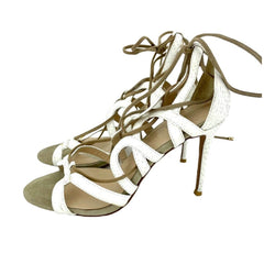 Raye White Snake Embossed Leather & Suede Lace Up Stiletto Heels