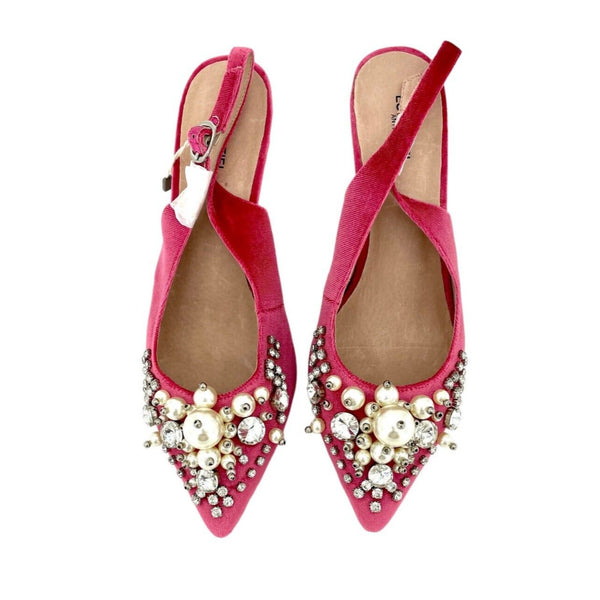 Essentiel Antwerp Pink Velvet Crystals Pearls Pointed Toe Kitten Heel Pumps