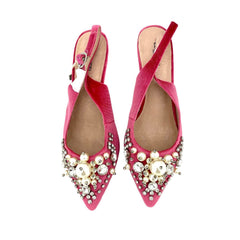 Essentiel Antwerp Pink Velvet Crystals Pearls Pointed Toe Kitten Heel Pumps