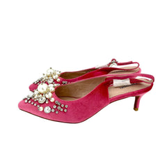 Essentiel Antwerp Pink Velvet Crystals Pearls Pointed Toe Kitten Heel Pumps