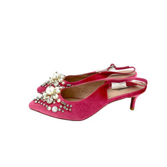 Essentiel Antwerp Pink Velvet Crystals Pearls Pointed Toe Kitten Heel Pumps