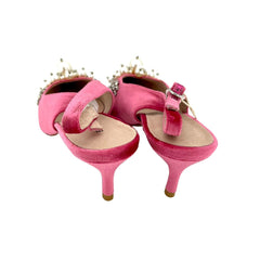 Essentiel Antwerp Pink Velvet Crystals Pearls Pointed Toe Kitten Heel Pumps
