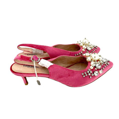 Essentiel Antwerp Pink Velvet Crystals Pearls Pointed Toe Kitten Heel Pumps
