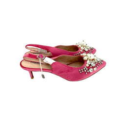 Essentiel Antwerp Pink Velvet Crystals Pearls Pointed Toe Kitten Heel Pumps