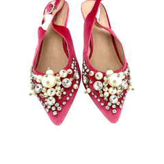 Essentiel Antwerp Pink Velvet Crystals Pearls Pointed Toe Kitten Heel Pumps