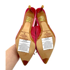 Essentiel Antwerp Pink Velvet Crystals Pearls Pointed Toe Kitten Heel Pumps