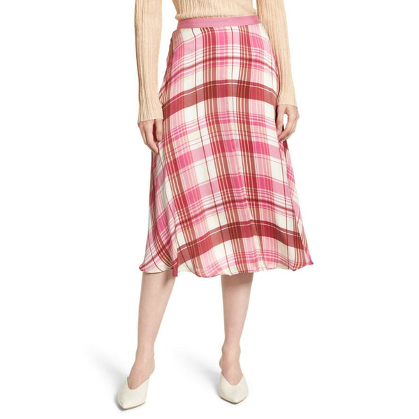 Lewit Pink Plaid 100%Silk Midi Satin Slip A Line Skirt