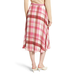 Lewit Pink Plaid 100%Silk Midi Satin Slip A Line Skirt