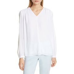 Lewit White V-neck Shirred Long Sleeves Blouse