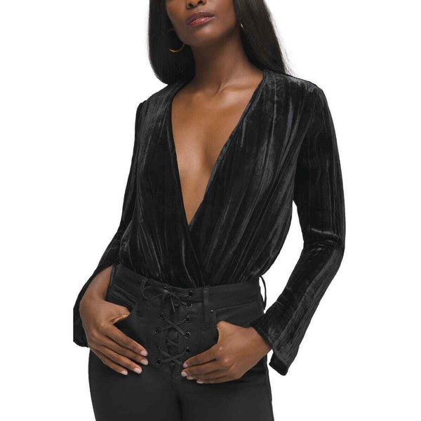 Good American Black Velvet Wrap Long Sleeve Thong Bodysuit