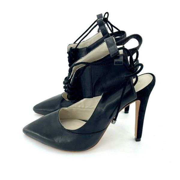 Alepel Black Leather & Suede Lace Up Chaine Pumps