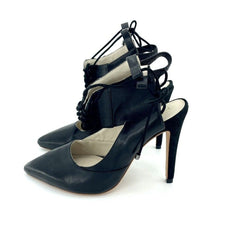 Alepel Black Leather & Suede Lace Up Chaine Pumps