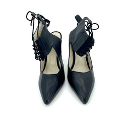 Alepel Black Leather & Suede Lace Up Chaine Pumps
