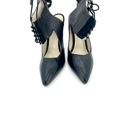 Alepel Black Leather & Suede Lace Up Chaine Pumps