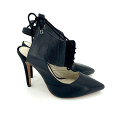 Alepel Black Leather & Suede Lace Up Chaine Pumps