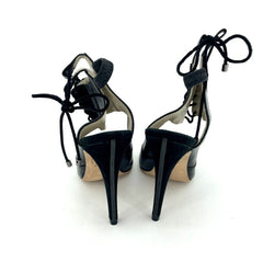 Alepel Black Leather & Suede Lace Up Chaine Pumps