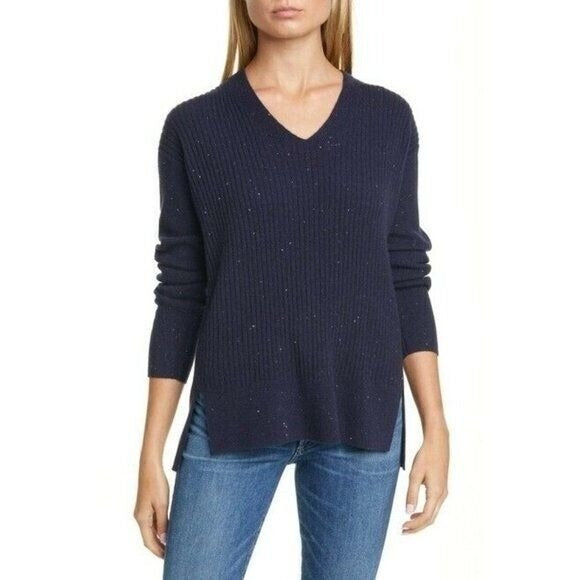 Nordstrom Signature V Neck Navy Blue Tweed Cashmere Sweater